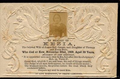 Funeral Card Kezia Gore Creasy, 1829 - 1868 Kew England