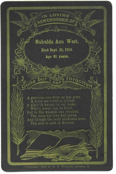 Funeral card for Mahulda Ann West, 1832 Virginia - 1914, Missouri