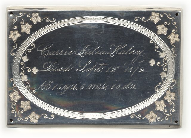 The Free Genealogy Death Record on the Coffin Plate of Carrie Julia Haley 1857 ~ 1872