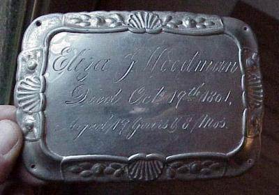 Free Genealogy Death Record on the Coffin Plate of Eliza J Woodman