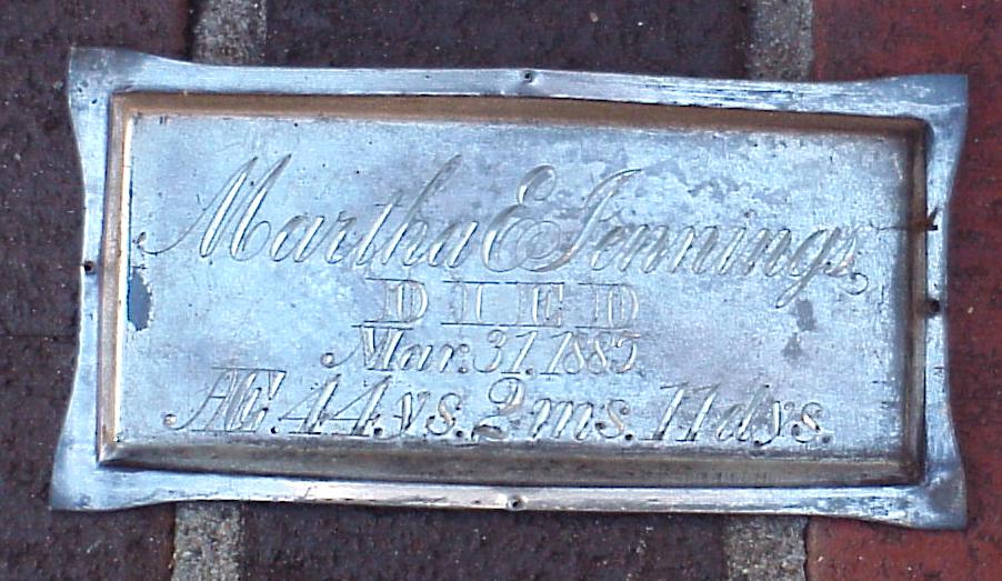 The Free Genealogy Death Record on the Coffin Plate of Martha E Jennings 1841 ~ 1885