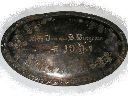 The Free Genealogy Death Record on the Coffin Plate of Mrs Jennie S Bingham Aged 19 yrs